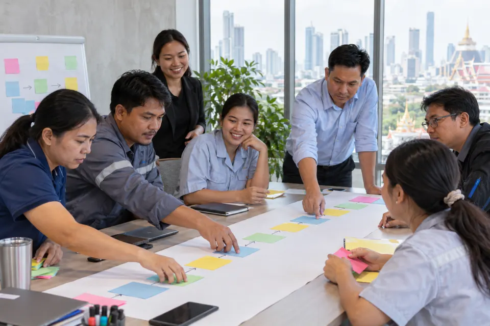 Illustrative Thai team mapping the full customer-request journey