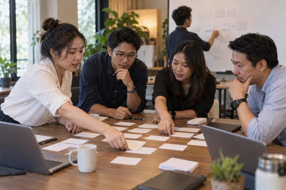 Illustrative Thai team redesigning steps before choosing tools